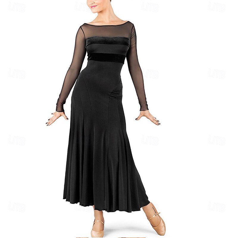 Women's Black Ballroom Dance Dress with Long Sheer Sleeves,  Floor-Length, Elegant Performance Wear for Latin, Tango, or Social Dance4