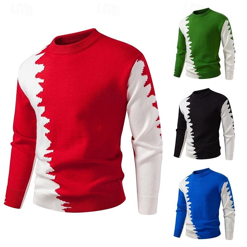 Men's Sweater Pullover Sweater Jumper Ribbed Knit Regular Tops Patchwork Knitted Plain Round Neck Knitwear Contemporary Casual Daily Wear Clothing Apparel Fall Black Red M L XL