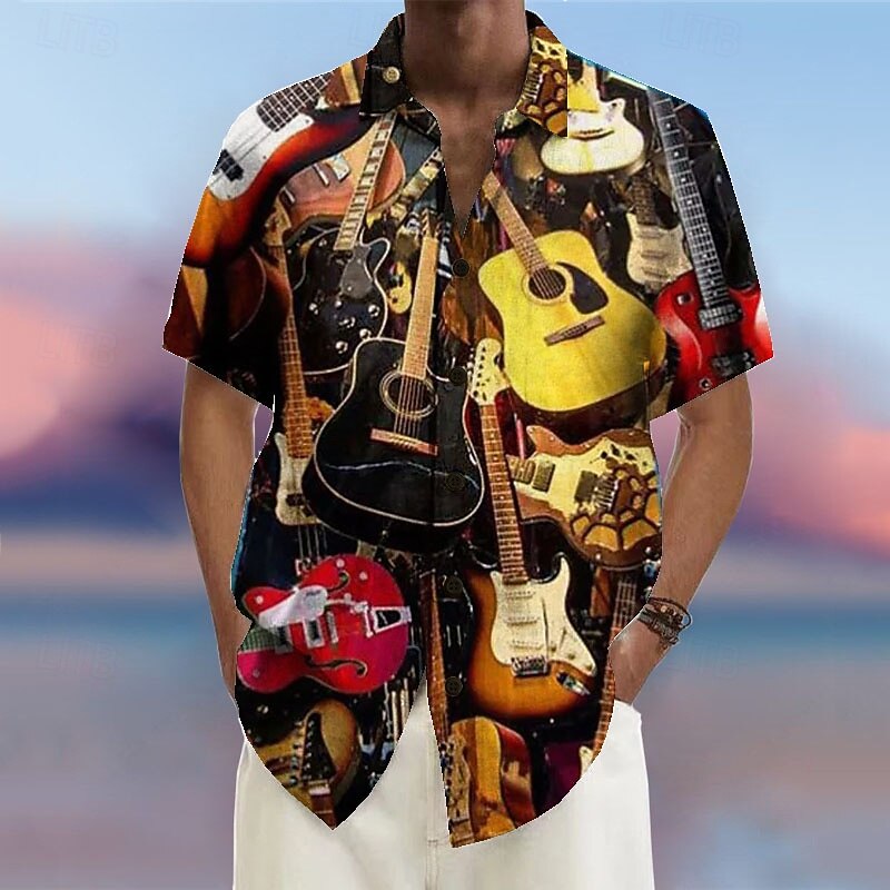 Men's Music Guitar Rock and Roll Shirt Summer Hawaiian Shirt Button Up Shirt Short Sleeves Fashion Streetwear Designer Outdoor Street Casual Summer Spring Turndown Print Apricot Yellow Blue Green3
