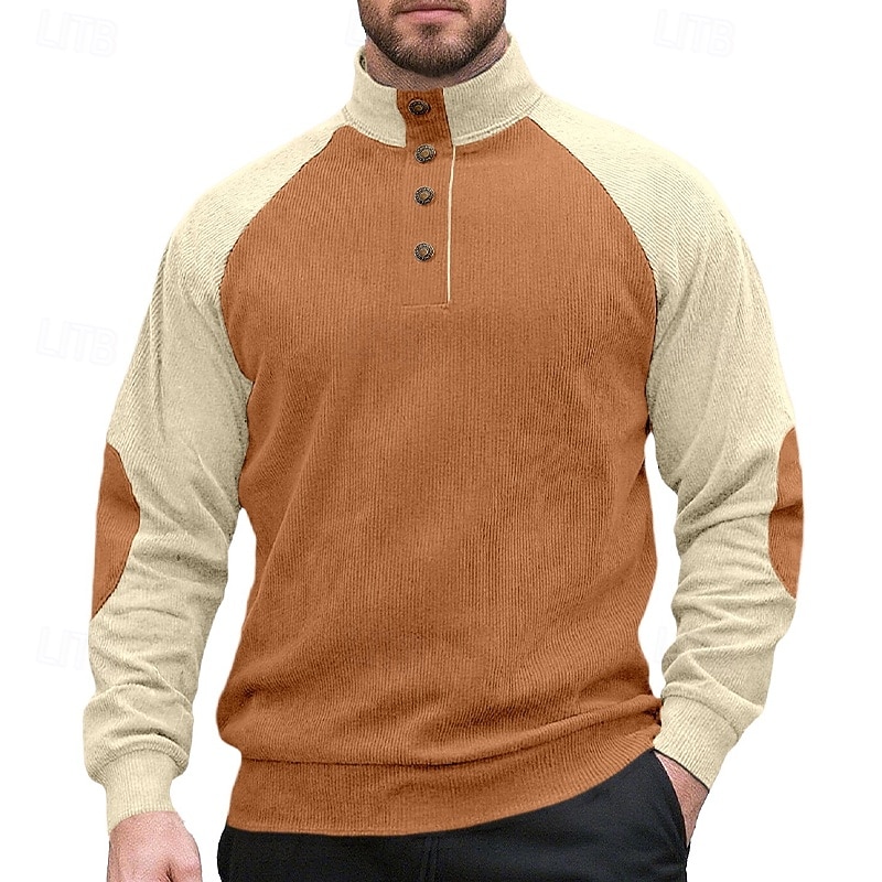 Men's Sweatshirt Corduroy Pullover Hoodie Sweatshirt Button Up Hoodie Apricot Wine Army Green Navy Blue Brown Standing Collar Plain Patchwork Sports & Outdoor Casual Daily Streetwear Cool Sportswear2