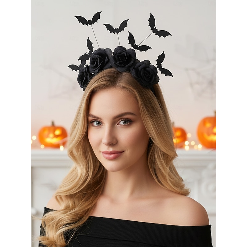 Women's Halloween Bat Headband with Red Roses - Gothic Costume Hair Accessory for Party, Masquerade and Cosplay Events2
