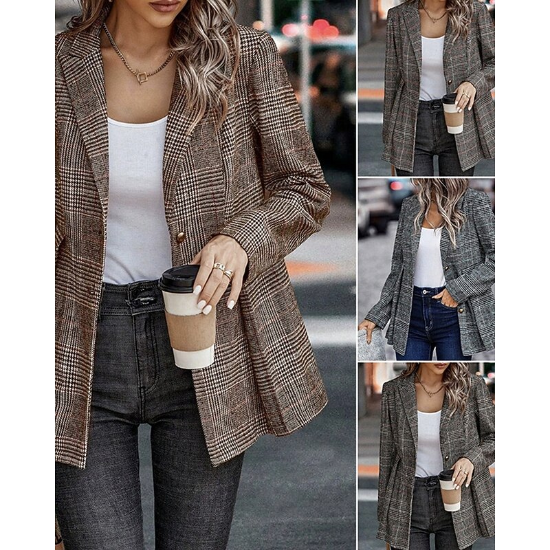 Women's Blazer Comfortable Buttons Elegant Fashion Outdoor Lattice Going out Casual Daily Weekend Cardigan Regular Lapel Regular Fit Long Sleeve Outerwear Black Orange Spring Fall