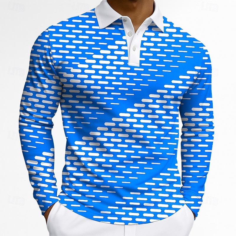 Men's Geometric Polo Long Sleeve Polo Shirts Lapel Business Casual Athleisure Daily Wear 3D Print Buttons Spring Fall Winter Violet Pink Yellow Red2