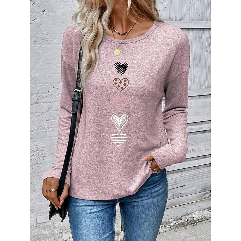 Women's T Shirt Heart Graphic Vintage Fashion Stylish Long Sleeve Crew Neck Round Neck Regular Tops Daily Weekend Print Black White Pink Blue Spring Fall Winter