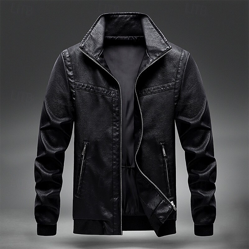 Men's Faux Leather Jacket Biker Jacket Motorcycle Jacket Vacation Daily Windproof Warm Pocket Spring Fall Plain Fashion Classic Stand Collar Regular Black Wine Jacket3