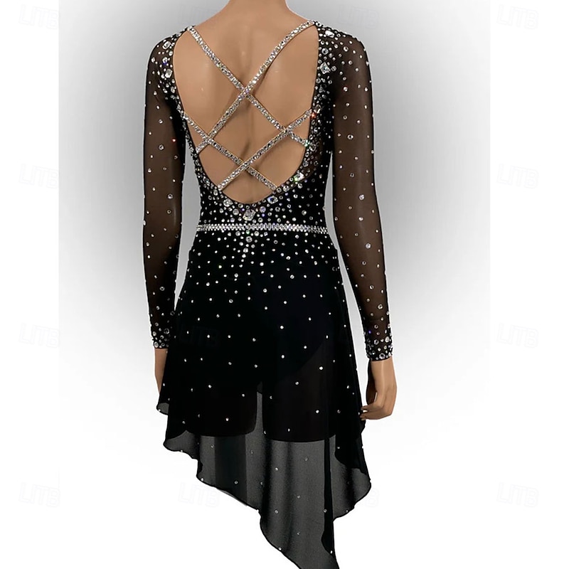 Figure Skating Dress Women's Girls' Ice Skating Dress Black Patchwork Asymmetric Hem High Elasticity Training Competition Skating Wear Classic Crystal / Rhinestone Long SleeveIce Skating Figure2