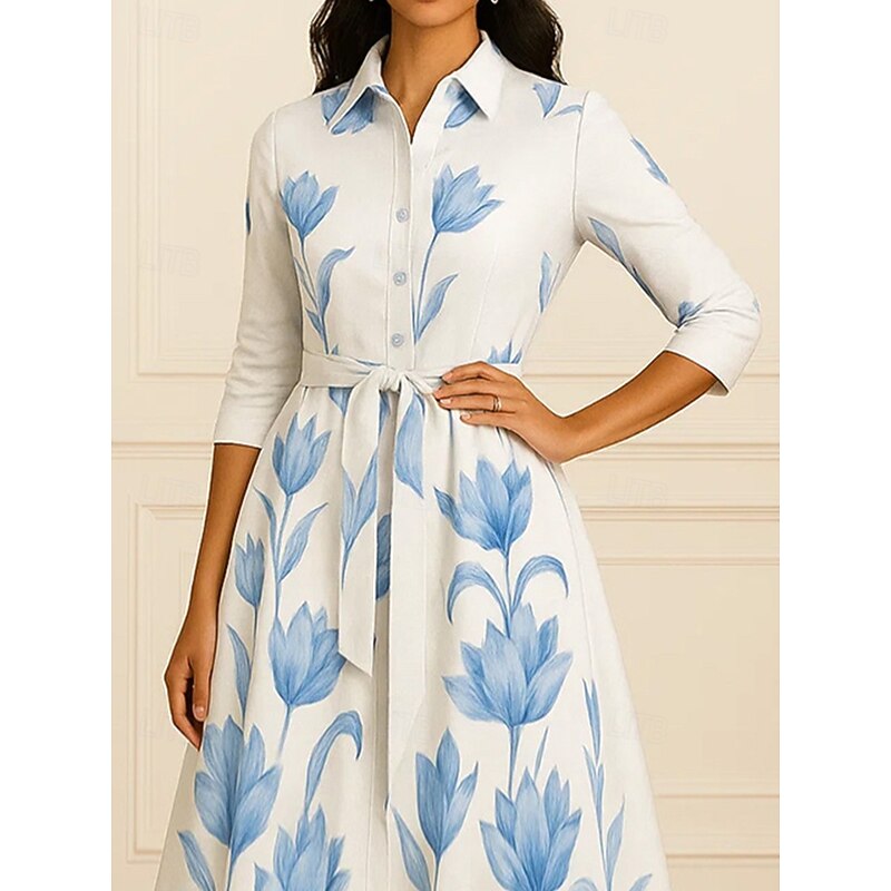 A-Line Mother of the Bride Dress Formal Shirt Dress Elegant Shirt Collar Floor Length Satin 3/4 Length Sleeve with Bow(s) and Print3