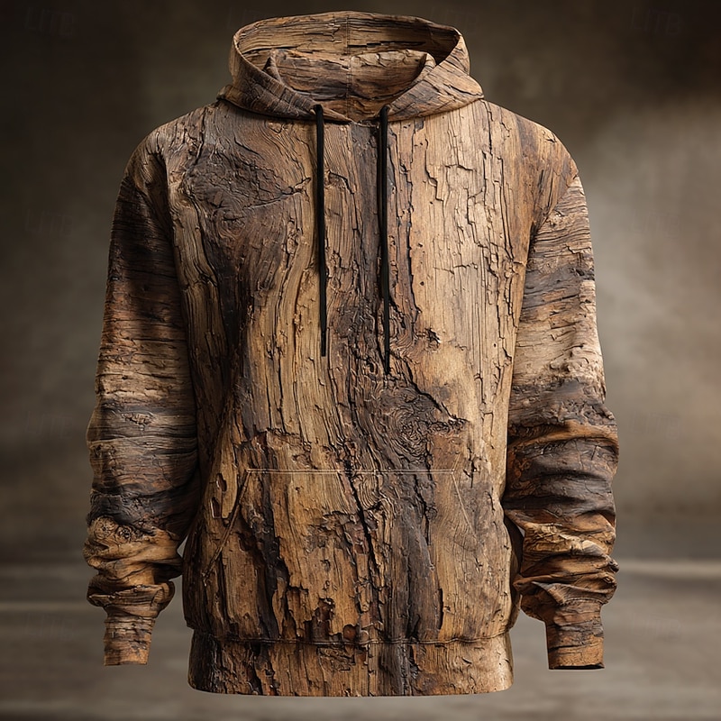 Men's Wood Grain 3D Sweatshirt Ethnic Cowboy Crew Neck Streetwear Light Brown Brown Drawstring Fall Winter Designer2