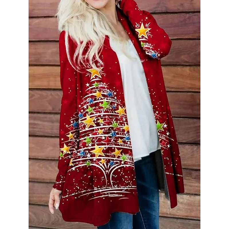 Women's Winter Coat Lightweight Comfortable Print Open Front Vintage Fashion Casual Tree Vacation Casual Long Collarless Loose Fit Long Sleeve Outerwear Red Spring Fall3