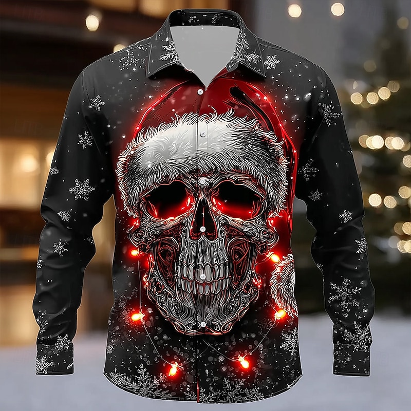 Halloween Men's Skull Christmas Light Christmas Hats Shirt Button Up Shirt Long Sleeve Dark Punk Gothic Style Outdoor Holiday Spring Fall Turndown 3D Print Collared Shirts Black 1 Black Black 22