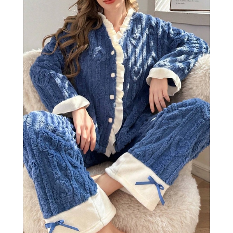 Women's Pajamas Loungewear Pajama Set 2 Pieces Comfort Soft Patchwork Elastic Waist Buttons Pant Home Daily Bed Long Sleeve V Neck Dark Blue Fall Winter