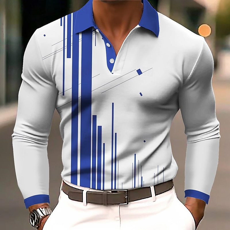 Men's Geometic Polo Long Sleeve Polo Shirts Lapel Business Casual Athleisure Daily Wear 3D Print Buttons Spring Fall Winter White Blue Green