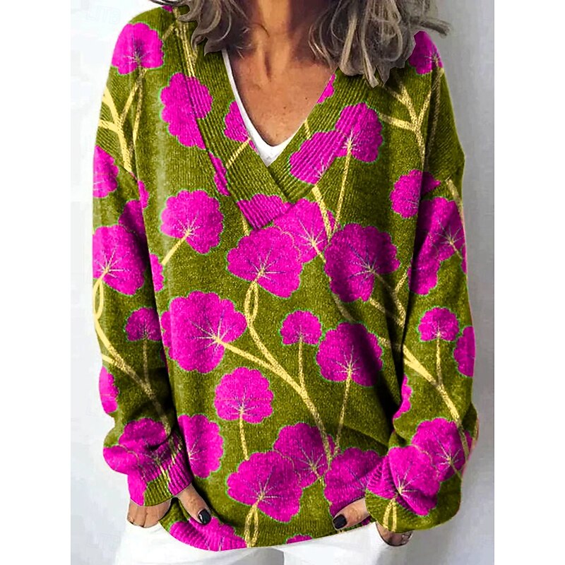 Women's Cardigan Cute Daily Floral Graphic Animal Ribbed V Neck Buttons Print Long Sleeve Regular Tops Knit Outdoor Weekend Pink Green Spring Fall4