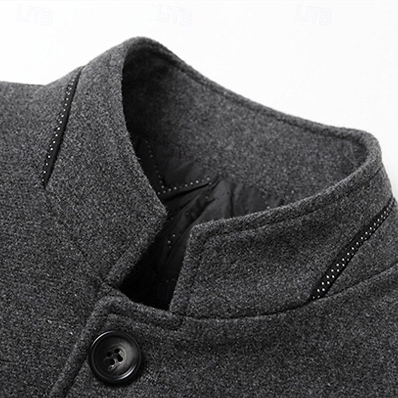 Men's Peacoat Trench Coat Vacation Daily Fall Winter Polyester Windproof Outerwear Clothing Apparel Fashion Classic Plain Pocket Stand Collar Single Breasted3