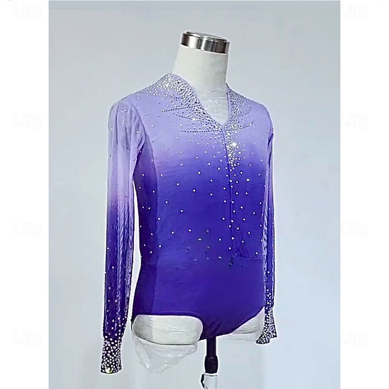 Figure Skating Top Men's Boys' Ice Skating Tops Purple Patchwork Spandex High Elasticity Training Competition Skating Wear Classic Crystal / Rhinestone Long Sleeve Ice Skating Figure Skating2