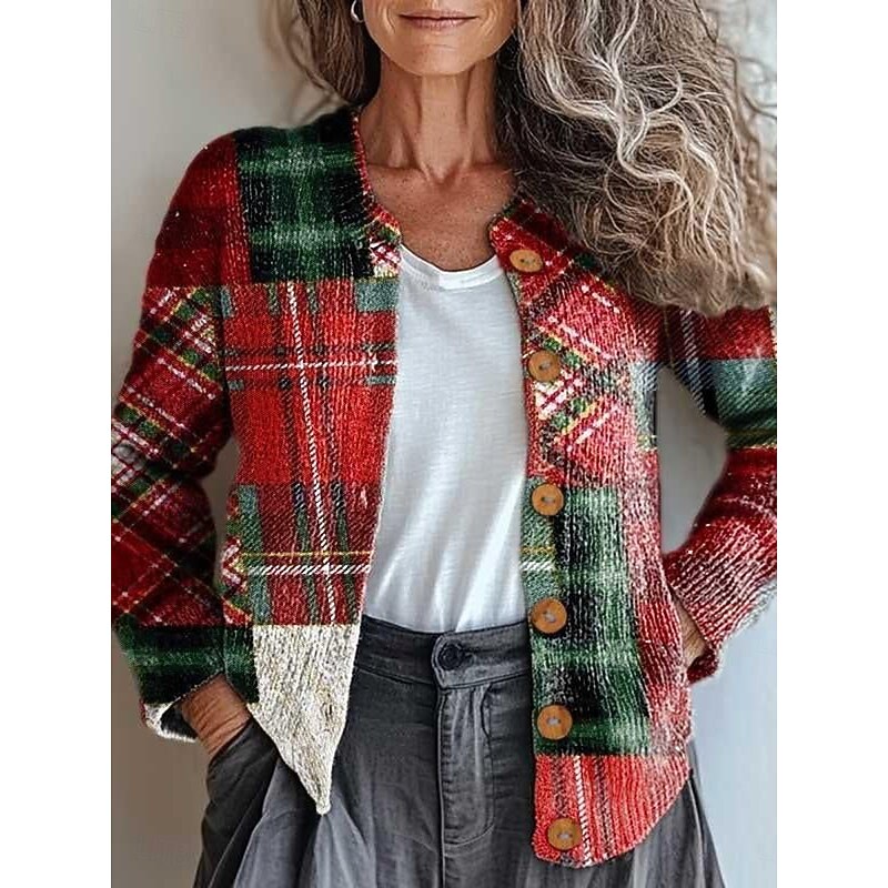 Women's Cardigan Fashion Daily Casual Graphic Plaid Ribbed Crew Neck V Neck Buttons Print Long Sleeve Regular Tops Knit Outdoor Daily Date Red Fall Winter