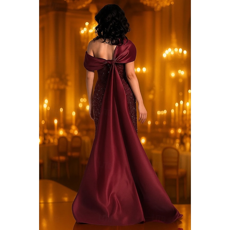 Burgundy Sheath / Column Evening Gown Elegant Formal Dress Formal Wedding Sweep / Brush Train Sleeveless Off Shoulder Stretch Satin with Ruched Beading 20252