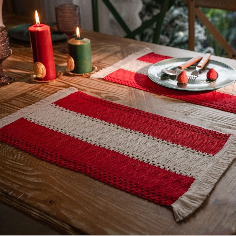 American Style Cotton Linen Table Runner, Striped Two-Tone Woven Fabric with Tassels, Natural Material Holiday Decoration4