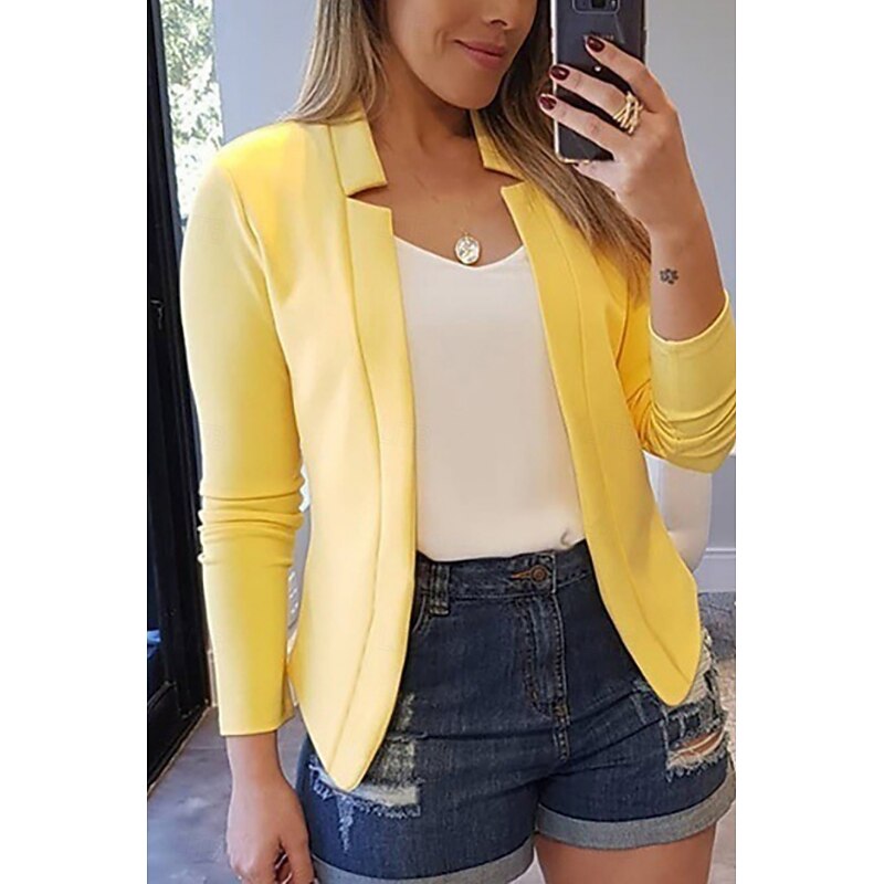 Women's Blazer Comfortable Breathable Slim Fit Casual Plain Office Street Casual Daily Wear Open Front Short Stand Collar Regular Fit Long Sleeve Outerwear Black White Yellow Spring Fall3