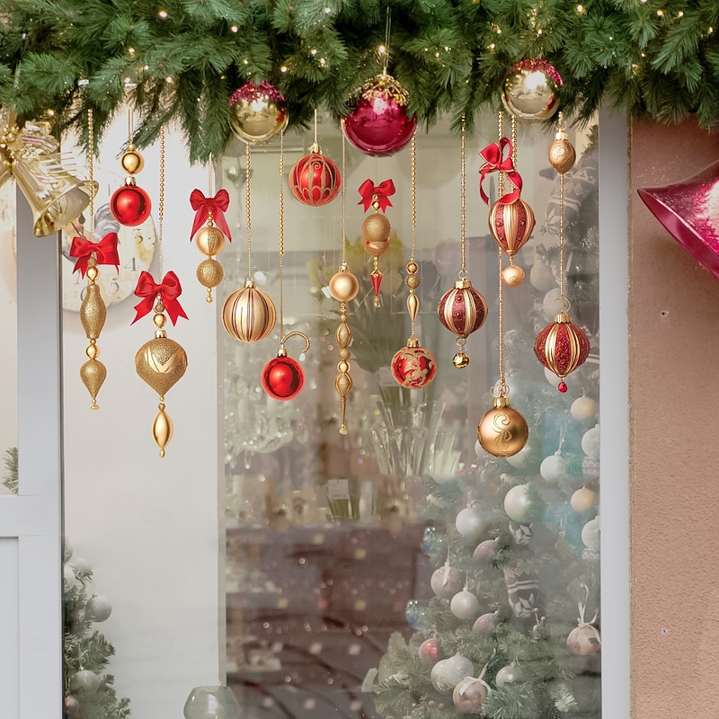 Christmas Wall Sticker, Bell Ornaments with Colorful Balls and Bows, Glass Effect Hanging Decoration, Festive Window and Home Decor4