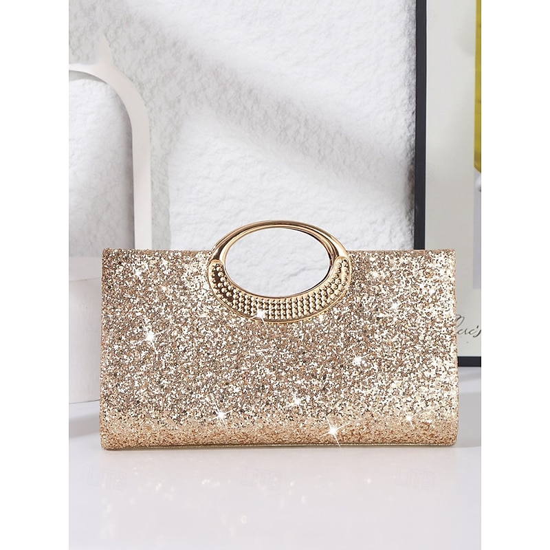 Women's Glitter Silver Gold Evening Clutch Bag with Metallic Ring Handle, Elegant and Stylish Handbag for Parties, Weddings and Formal Event4