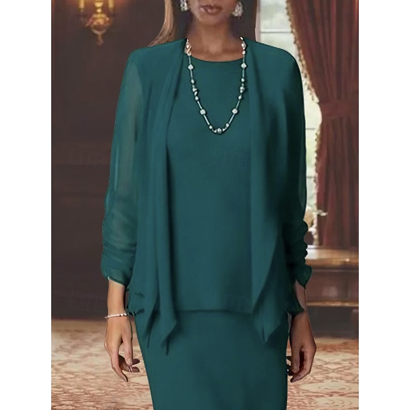 3 Piece Sheath Mother of the Bride Dress Formal Wedding Guest Elegant Scoop Neck Floor Length Chiffon Long Sleeve Wrap Included with Solid Color2