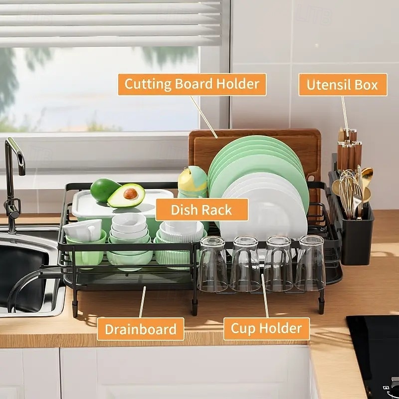 Large Expandable Dish Drying Rack – Multi-Functional Kitchen Counter Organizer with Utensil and Cup Holders, Rust-Resistant, Perfect for Home Kitchen3