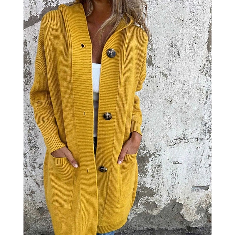Women's Sweater Cardigan Streetwear Casual Solid Color Hooded Pocket Buttons Knitted Long Sleeve Long Tops Knit Daily Going out Weekend Black Yellow Fall Winter4