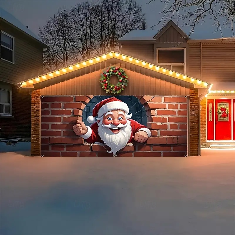 Christmas Tapestry Garage Door Cover Large Hanging Backdrop Santa Claus Cute 3D Party Outdoor Holiday Shooting Backgrounds Yard Home Decor2