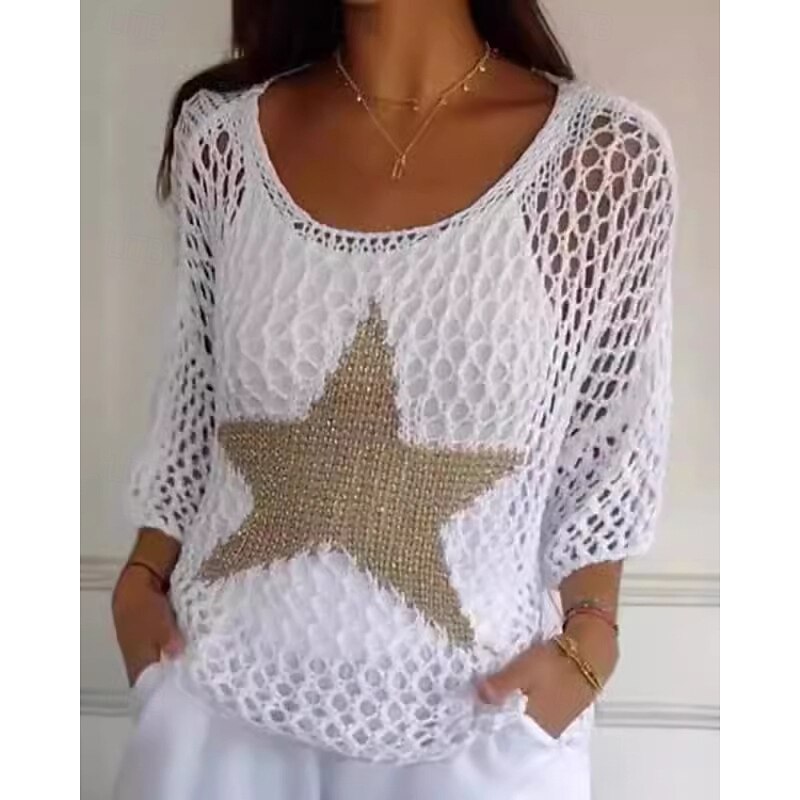 Women's Sweater Pullover Streetwear Casual Geometric Crew Neck Hollow Out Knitted Print 3/4 Length Sleeve Regular Tops Knit Outdoor Daily Holiday White Pink Summer Spring