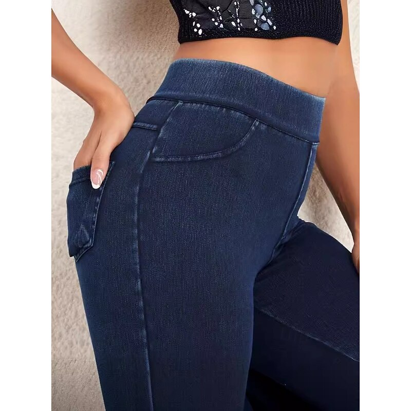 Women's Tights Leggings Anti Chafing Shorts Vacation Vintage Ethnic Style Full Length High Waist Solid Color High Cut Thermal Warm Comfort High Elasticity Outdoor Vacation Street Black Navy Blue Blue3