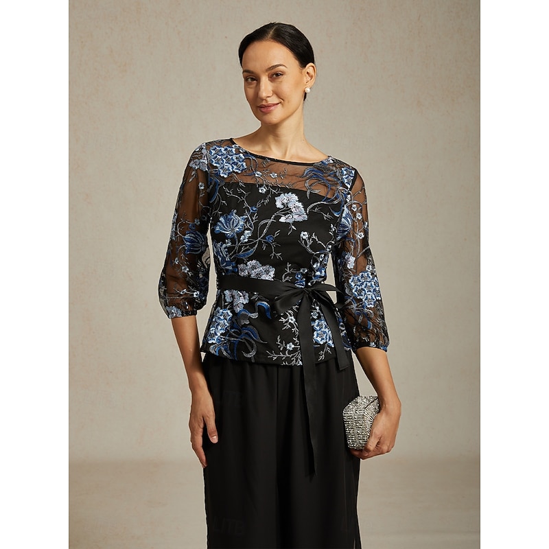 Women's Dressy Tops Elegant 3/4 Length Sleeve Crew Neck Wedding Guest Evening Party Semi Formal Embroidered Illusion Lace Black Spring Fall Winter