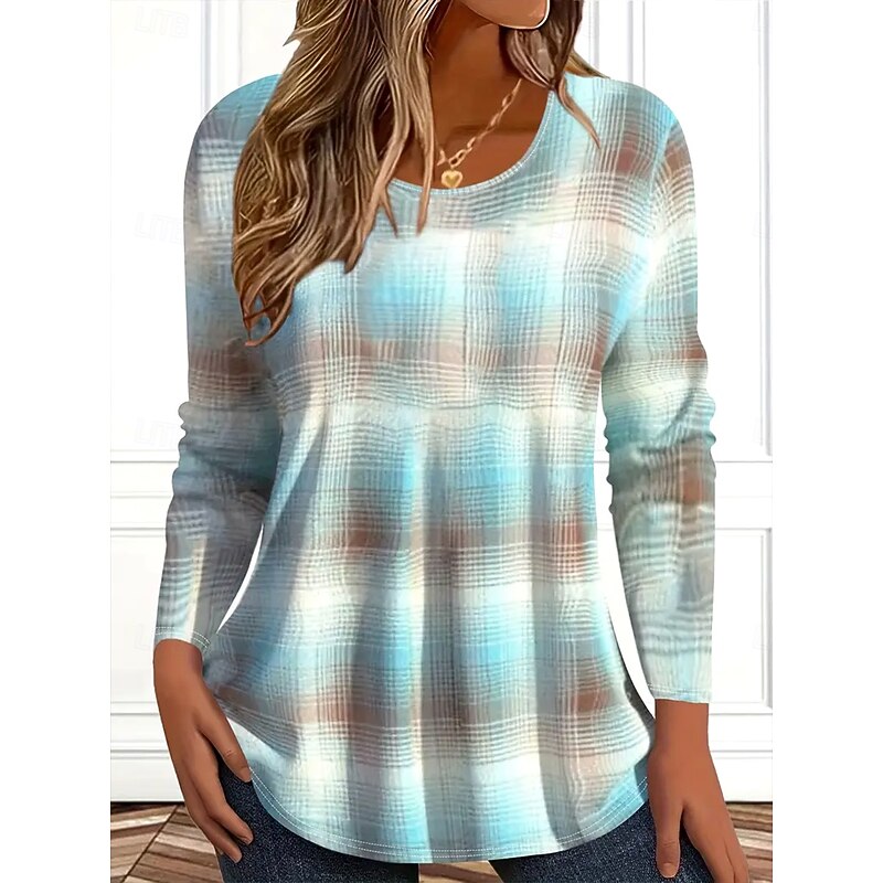 Women's T Shirt Graphic Plaid Vintage Stylish Classic Long Sleeve Crew Neck Round Neck Regular Tops Daily Print Light Blue Spring Fall Winter