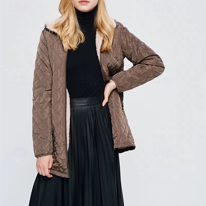 Women's Puffer Jacket Quilted Jacket Casual Jacket Comfortable Breathable Zipper Pocket Casual Plain Vacation Street Casual Daily Wear Zipper Short Long Hooded Regular Fit Long Sleeve Outerwear Black2