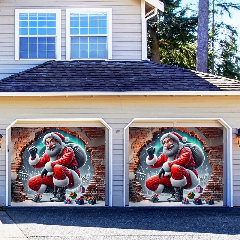 Christmas Garage Door Cover Winter Holiday Decoration Drapes with Santa Claus Delivering Gifts Print for Home Entryway Living Room Bedroom Indoor Outdoor Festive Seasonal Home Decor3