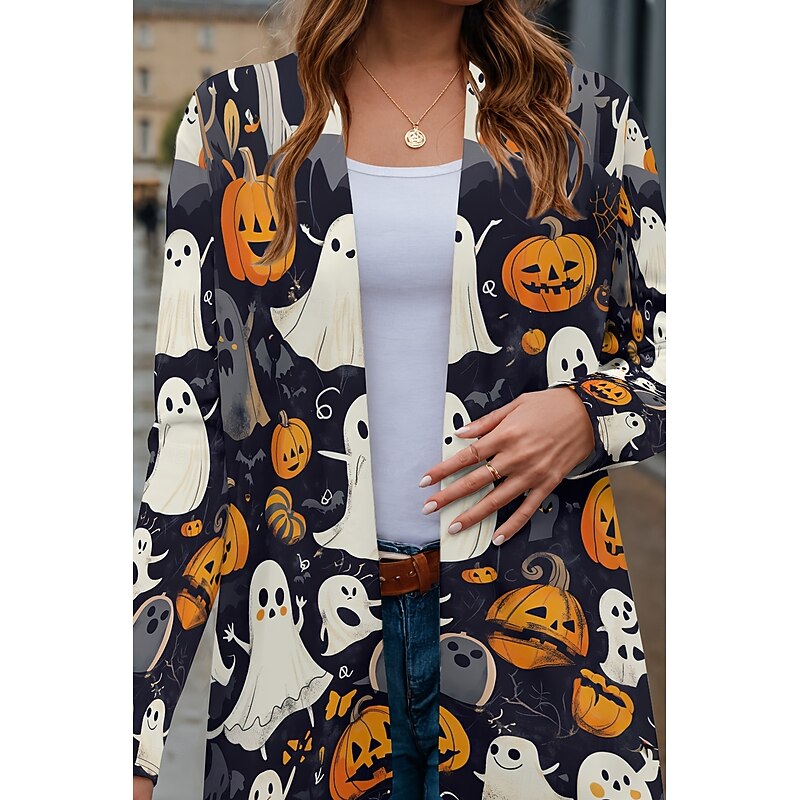 Halloween Women's Coat Lightweight Comfortable Pumpkin Print Open Front Vintage Artistic Casual Skull Casual Regular Collarless Regular Fit Long Sleeve Outerwear Black Blue Orange Spring Fall2