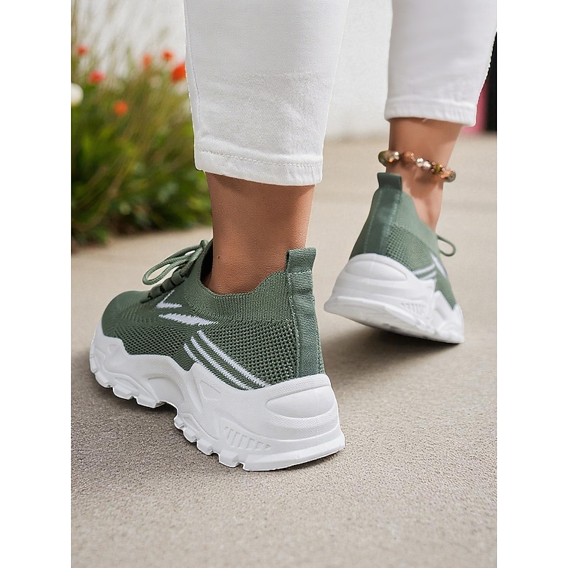 Women's Green Flyknit Lace Up Sneakers – Lightweight Breathable Running Shoes for Gym, Walking and Casual Wear4