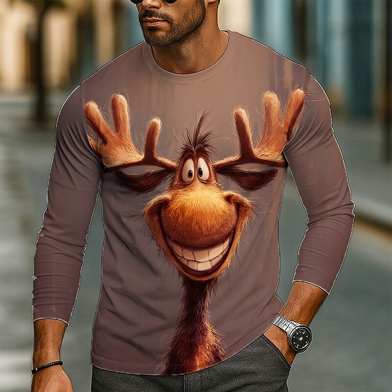 Men's Elk 3D Cartoon Funny T Shirt Long Sleeve T shirt 3D Print Crew Neck Shirt Fashion Basic Street Casual Daily Royal Blue Blue Brown Summer Spring Clothing Apparel S M L XL XXL XXXL3