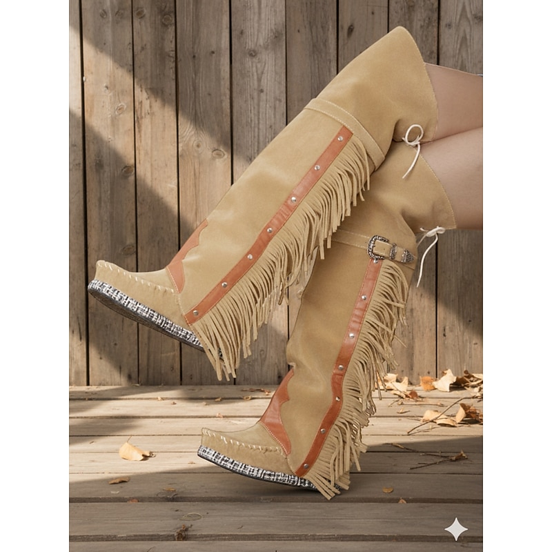 Women's Fringe Over The Knee Boots - Tan Suede Western Boho Style Boots for Autumn & Winter