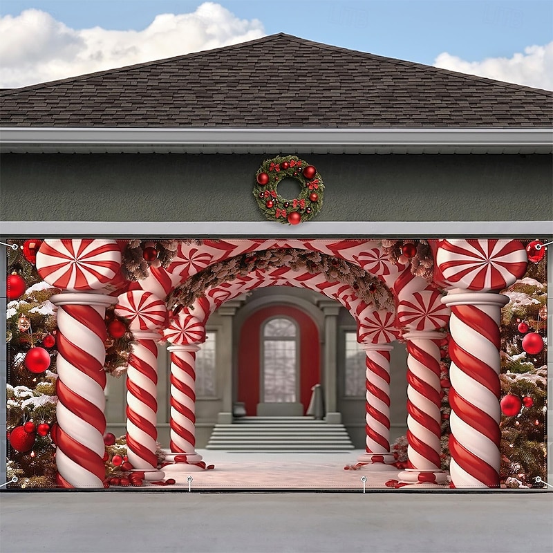 Christmas Garage Door Cover Large Hanging Backdrop Castle Candy Cane Cute 3D Party Outdoor Holiday Shooting Backgrounds Yard Home Decor2