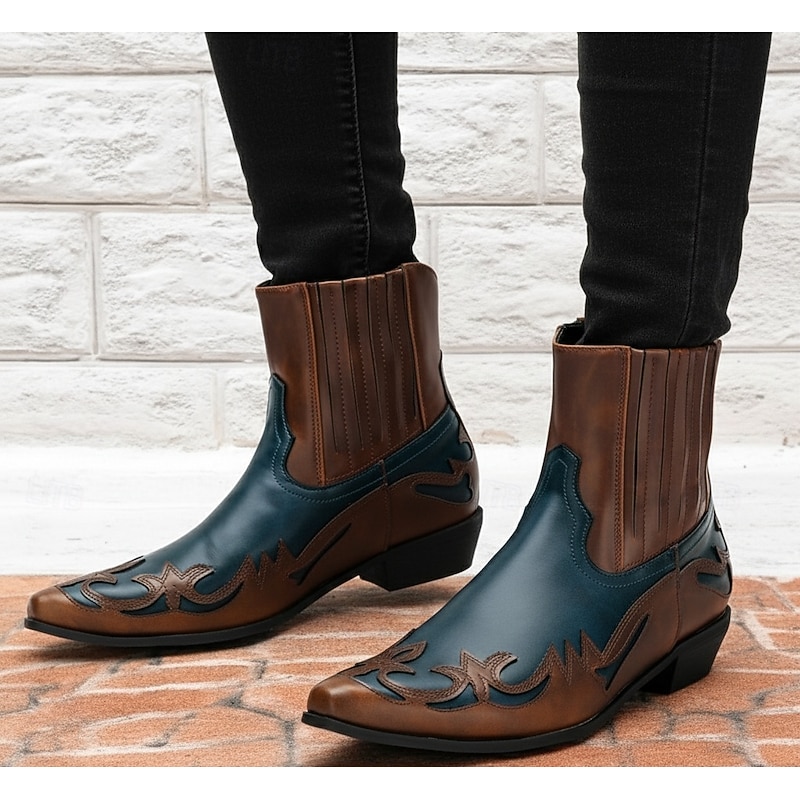 Men's Brown and Blue Western Cowboy Boots – Embroidered Faux Leather Design for Casual and Country Style Wear2