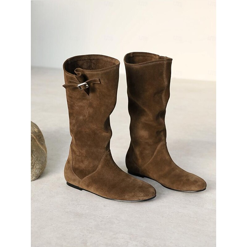 Women's Brown Leather Suede Mid-calf Boots with Faux Fur Lining for Winter Warmth, Stylish and Comfortable Footwear for Casual Wear3