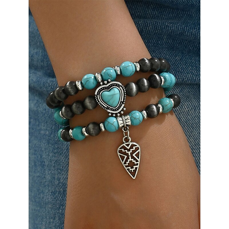 Women's Turquoise Beaded Bracelet Set with Heart Pendant, Bohemian Layered Stretch Wristband Jewelry for Casual Wear, Parties and Gifts