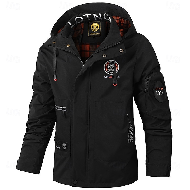 Men's American Flag Windbreaker Hooded Jacket Parka Waterproof Windproof Multi-Pockets Casual Outdoor Camping & Hiking Detachable Hood Full Zip Coat Outerwear Fall Winter Stand Collar Long Sleeve4