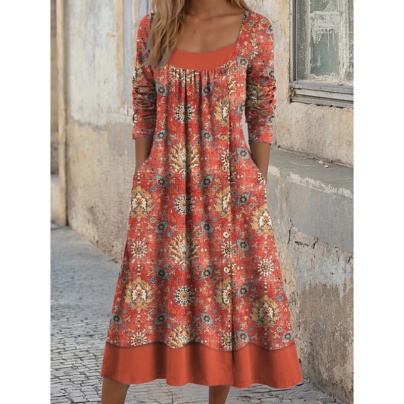 Women's Midi Dress Shift Dress A Line Dress Casual Daily Regular Fit Graphic Geometric Long Sleeve Square Neck Blue Purple Orange Green Fall Winter