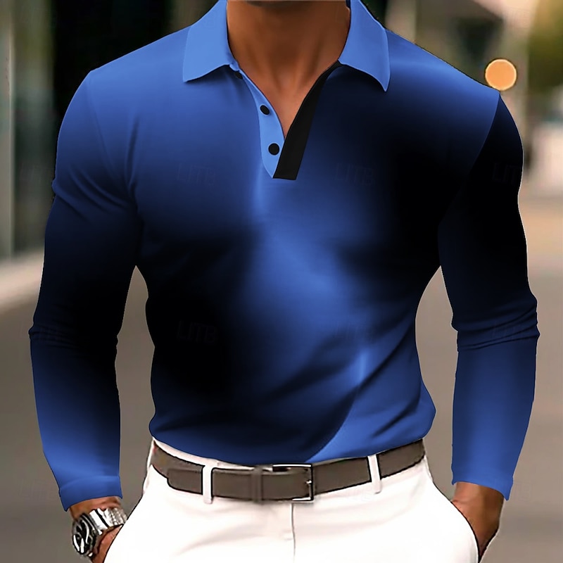 Men's Gradient Geometic Polo Long Sleeve Polo Shirts Lapel Business Casual Athleisure Daily Wear 3D Print Buttons Spring Fall Winter Blue Purple Brown