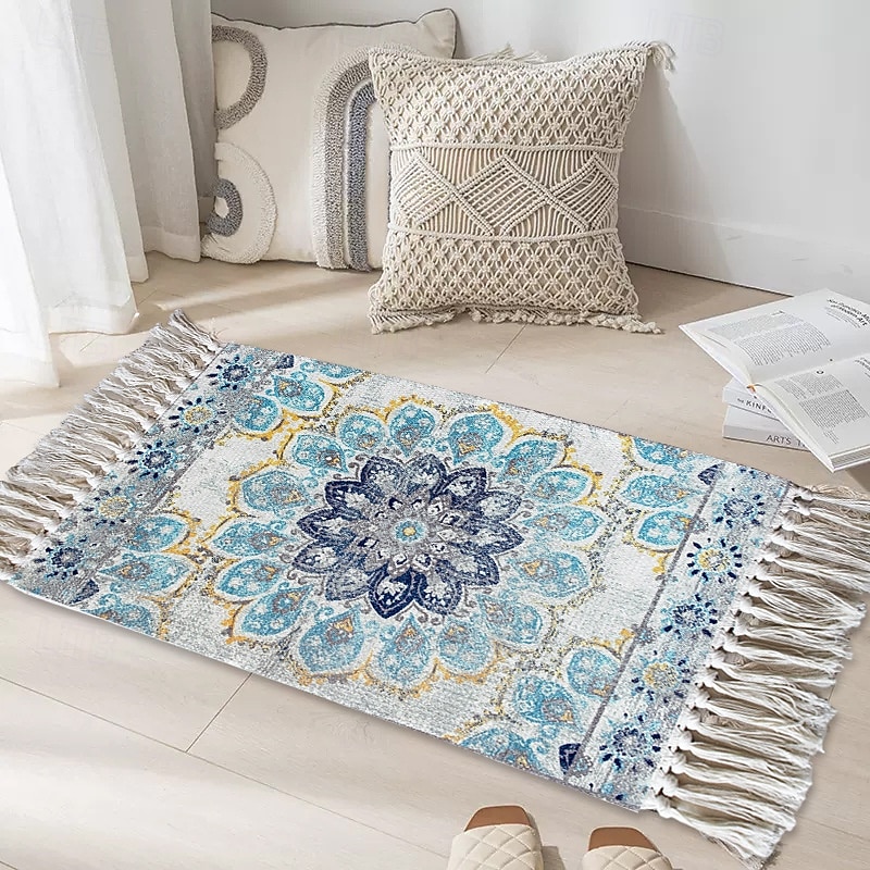 Vintage Persian Rug For Bedroom Ethnic Style Hand Woven Low Polyester Cotton Blend Floor Mat Bedside Carpet Sofa Cushion Decorative Durable Easy Care Stain Resistant Washable