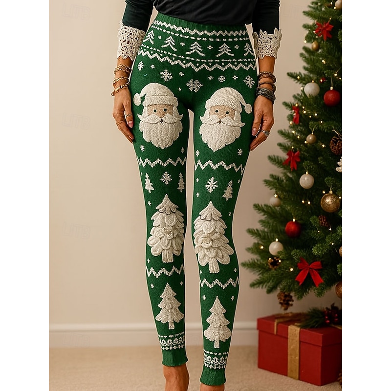 Women's Leggings Vacation Vintage Ethnic Style Full Length High WaistPantsUgly Christmas Graphic Santa Claus Elk 3D Print Quick Dry Breathability Soft Stretchy Outdoor Home Causal Navy Blue Green2