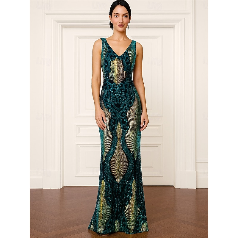 Sheath / Column Mother of the Bride Dress Elegant Vintage Sparkle & Shine V Neck Floor Length Sequined Polyester Sleeveless with Beading