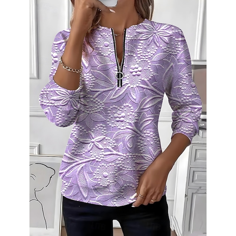 Women's Pullover Sweatshirt Zip Up Sweatshirts Floral Graphic Fashion Casual Long Sleeve Crew Neck Regular Tops Street Dailywear Patchwork Zipper Print Silver Pink Purple Spring Fall Winter